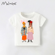 malwee女童T恤衫夏装欧美印花洋气中小童圆领短袖儿童上衣