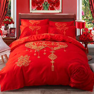 婚庆床上用品床单被套四件套，大红色结婚1.8m米，新婚四件套大红色