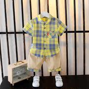 男宝宝短袖衬衫套装夏装男童装1一4岁婴儿2衣服3小童格子港风衬衣