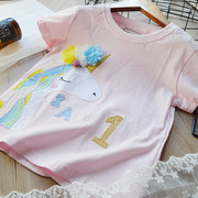 欧美女童纯棉短袖T恤 儿童贴布小马上衣2022夏季宝宝可爱卡通t恤