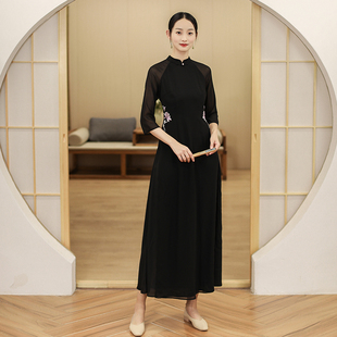 山有色新中式女装中国风复古黑色改良气质显瘦绣花旗袍奥黛连衣裙