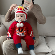 中国风婴儿毛衣连体衣春秋冬装宝宝百天周岁礼服加绒包屁衣套装红