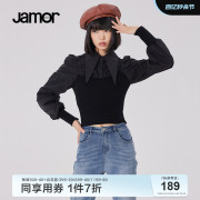 jamor春季针织拼接衬衫，女甜美修身辣妹长袖上衣加末