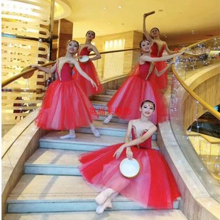 少儿芭蕾舞裙儿童红色吊带长款纱裙，女童公主比赛考级天鹅湖演出服
