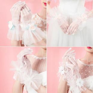 夏季新娘结婚婚纱手套蕾丝复古超仙网纱韩式森系短款花朵钻彩色白