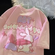 粉色兔子短袖t恤女纯棉圆领宽松印花洋气减龄大码遮肚上衣体恤潮