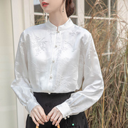 白色新中式国风高端改良盘扣，上衣女装2024早春汉，元素立领长袖衬衫