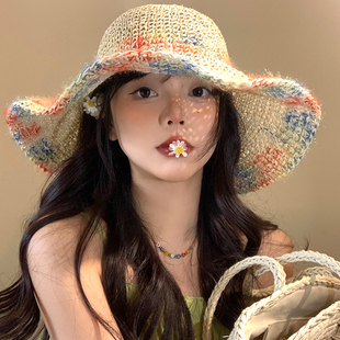 彩色编织草帽女夏季海边度假遮阳防晒帽，透气镂空大帽檐显脸小帽子
