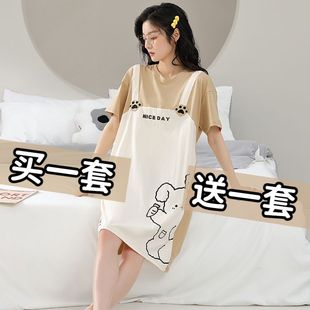买一送一睡裙女夏季纯棉短袖韩版学生，宽松中长款大码睡衣