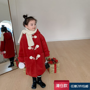 款女童红色喜庆毛呢子(毛，呢子)外套，韩版儿童新年夹棉牛角扣大衣