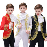 英伦宫廷王子礼服金色刺绣花立领，夹克男舞台，燕尾西服儿童演出服装