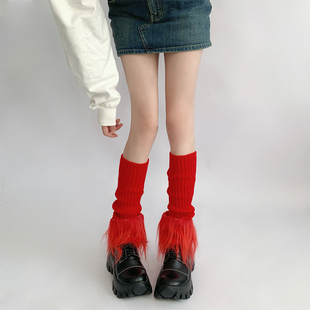 本命年红色袜套女款冬季毛毛针织腿套长筒加厚保暖jk小腿堆堆袜子