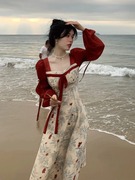 法式复古国风红色早春连衣裙碎花方领显瘦遮肚设计感气质系长裙