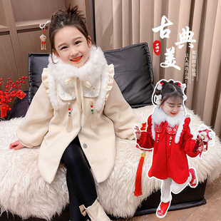 女童冬装新年服可拆卸毛领刺绣外套，女宝宝中国风夹棉加厚呢子大衣