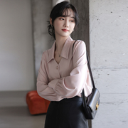 yinprety年秋装粉色衬衫，女长袖雪纺上衣时尚，v领职业ol衬衣