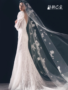 韩式超仙蕾丝头纱新娘长款拖尾主婚纱头饰影楼造型拍照道具女余爱