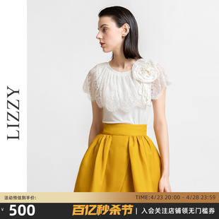 lizzy2024春季短袖蕾丝圆领上衣手工，盘花修身显瘦t恤polo衫