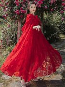 云南丽江民族风大红色连衣裙，青海湖草原沙漠，旅游度假拍照长裙超仙