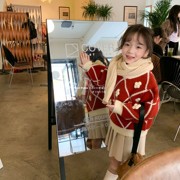 女童毛球球毛衣红色加厚针织套头新年套裙，百褶裙小童韩版宝宝冬裙