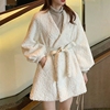 加厚韩版小个子圈圈上衣2024长袖羊羔毛系带中长款外套冬季收腰女