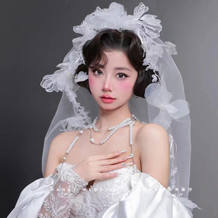 森系超仙蕾丝娟纱花朵，新娘造型白纱头饰，头纱婚礼影楼复古头饰品