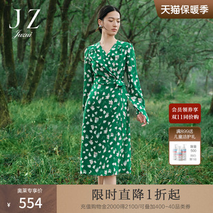 JZ玖姿几何印花雪纺连衣裙女装2023春季V褶皱茶歇裙子绿色