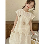 韩版女童装儿童夏季时髦蕾丝，森系蕾丝娃娃衫短裙背心3件套装