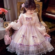 女童连衣裙春装2024蝴蝶结洋气网纱小女孩，洛丽塔公主长袖裙子