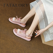 tatalory女鞋平跟平底一字带，网纱露趾凉鞋，百搭外穿简约舒适大众