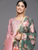 2023秋印度女装 粉色七分袖圆领刺绣修身显瘦连衣裙三件套