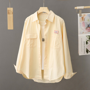 奶黄色衬衫女外套2024春季设计感小众宽松纯色百搭衬衣开衫潮