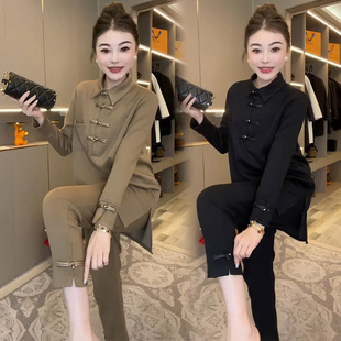新中式时尚套装女2024春国风盘扣中长款上衣，小脚裤显瘦两件套
