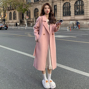 粉色双面绒呢大衣女，2023年秋冬韩版宽松中长款系带毛呢外套