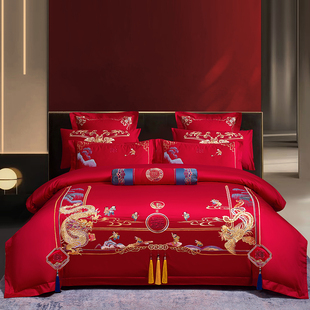 中式刺绣全棉纯棉婚庆床上四件套，大红色龙凤花新结婚喜被床品喜庆