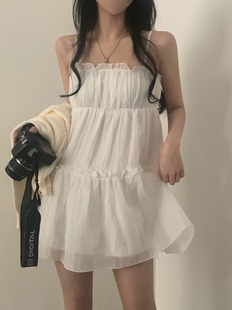 韩国chic春夏小个子木耳边雪纺吊带连衣裙宽松娃娃，短裙蛋糕裙