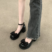 黑色粗跟高跟鞋2024秋季薄款法式设计感配裙子，玛丽珍小皮鞋女小众