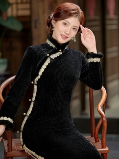 加绒加厚旗袍长款冬季2023年雪尼尔日常可穿保暖毛领黑色长袖