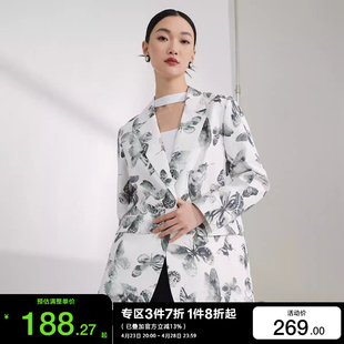 t区绫致Vero Moda2024春夏蝴蝶印花直筒中长款垫肩西装外套女