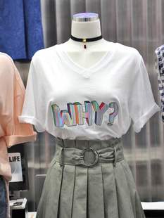  韩国东大门2023夏装宽松打底衫短袖体恤字母白色V领上衣女潮