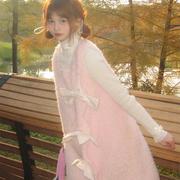 甜美粉色蝴蝶结羊羔毛背心(毛，背心)连衣裙女秋冬高级感气质背带裙短裙