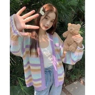 彩虹条纹毛衣外套女温柔风，软糯针织衫开衫春季薄款慵懒风拼色上衣