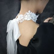 超仙镂空蕾丝白色花朵气质长款珍珠系带绑带锁骨链choker颈带