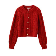 红色麻花毛衣女秋冬慵懒风加厚针织开衫外套小个子奶fufu短款上衣