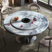 意式天然大理石餐桌圆桌家用带转盘电动电磁炉别墅轻奢餐桌椅组合