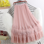 夏季纯色双层网纱半身裙，时尚高腰显瘦中长款裙子超仙百褶纱裙