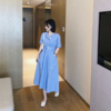 misslady韩国法式短袖系带大摆裙中长款蓝色2021年竖条纹连衣裙