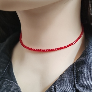 925纯银极细红尖晶锁骨项链女生，不掉色水晶红绳短颈链choker精致