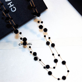 韩国时尚气质黑色水晶长款毛衣，链欧美个性，双层项链吊坠天然