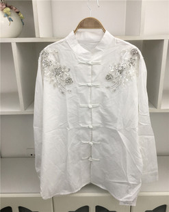 中国风新中式春季女士小立领双肩钉珠镶钻蕾丝旗袍扣白色衬衫衬衣