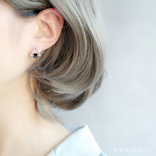 小众设计925纯银黑玛瑙三角形几何耳钉女 高级感气质耳坠耳环耳饰